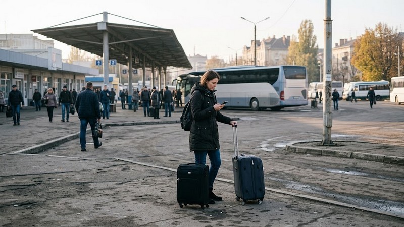 Прибуття пасажирів на автовокзал у Львові та пересадка на міський тран