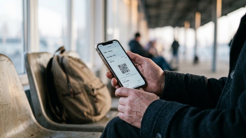Перевірка розкладу та електронного квитка на автобус у смартфоні.